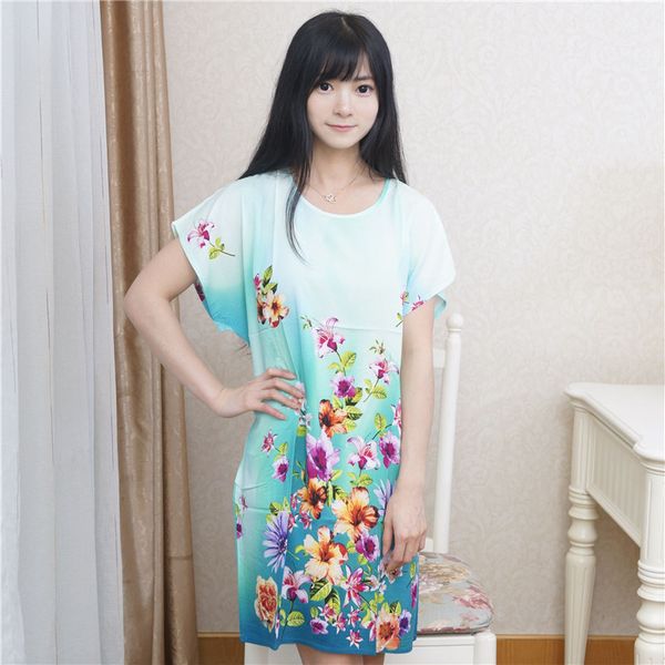 

wholesale- summer brand new blue women's cotton sleepwear vintage print robe bath gown nightgown flower home dress  wr077, Black;red