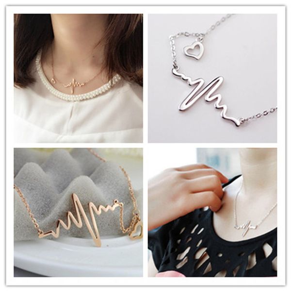 

wholesale-stainless steel valentine's day heart beat pendant heartbeat statement necklace chain necklace, Silver