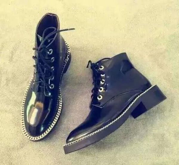 

Vogue choice u471 black genuine leather chain trim lace up flat hort boot