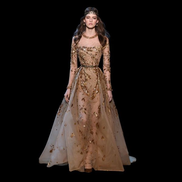 Luxuriöse Elie Saab-Kleider, Abendgarderobe, Juwelenausschnitt, lange Ärmel, formelles Kleid, bodenlanges, perlenbesetztes Kleid mit rotem Teppich und Kristallen