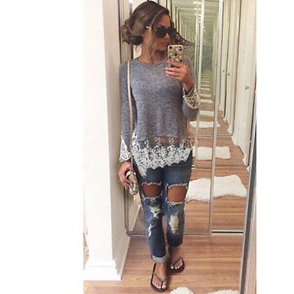 Wholesale-Hot New Fashion Women's Loose Long Sleeve Lace Casual Blouse Shirt Tops Blouse 2016