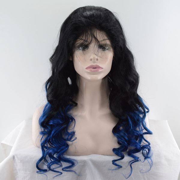 Body Wave Full Lace Human Hair Wigs With Bleached Knots Ombre Blue