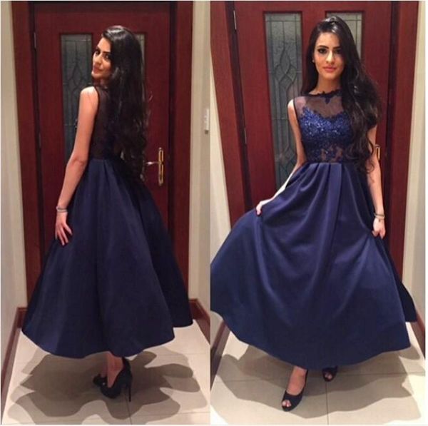 

navy blue sheer neck evening dresses a line capped sleeve ankle length back zipper vestidos de festa prom party dresses 2016 with applique, Black;red