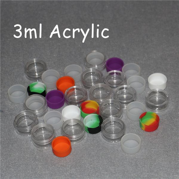 

wholesale selling acrylic clear concentrate container 3ml clear glass container silicone wax bho jar glass dab oil rigs