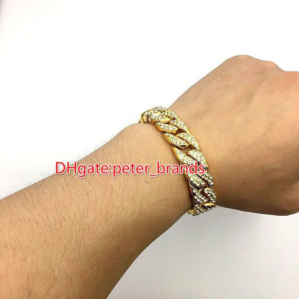 

new solid gold plated cuban link shiny diamond bracelet hip hop bling jewelry hipster men wristband bangle, Black