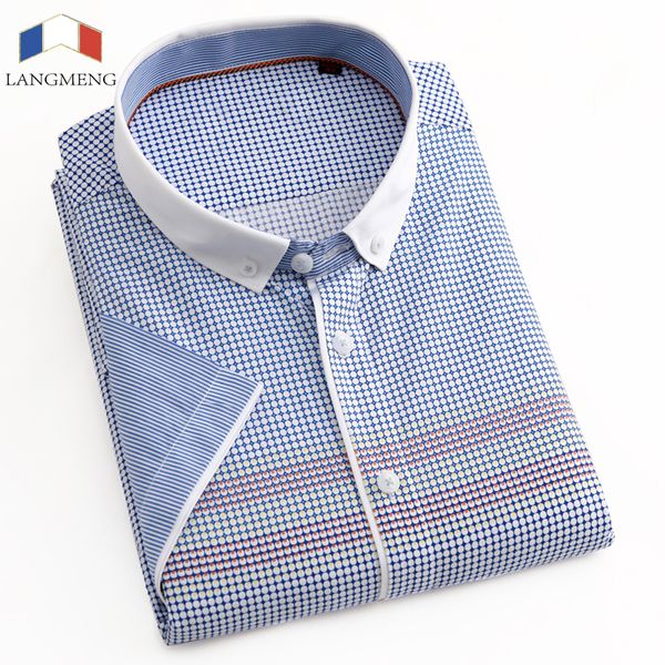 

wholesale-langmeng 100% cotton summer social high-quality shirt mens short-sleeve casual shirts dress camisa masculina size xs-3xl, White;black