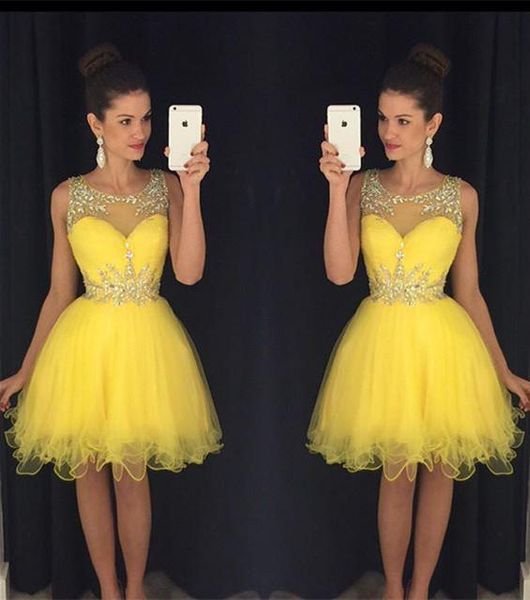 

rhinestone yellow cocktail dresses 8th grade short prom dress crystal homecoming dress sheer neck mini graduation party dress custom made, Blue;pink