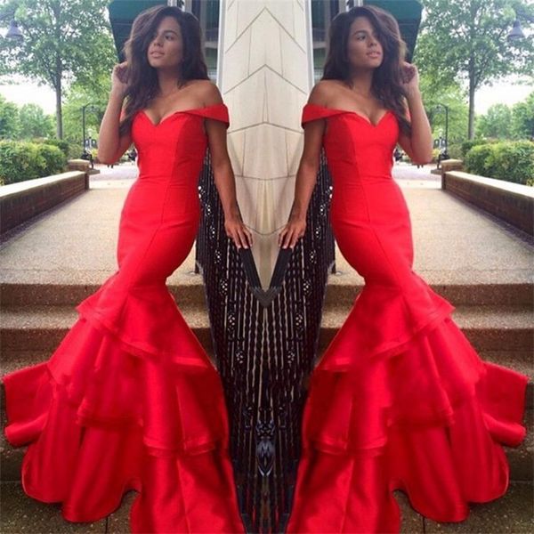 

new 2k17 red mermaid evening dresses wear off shoulder long prom dress party gowns 2017 tiered skirts long sweep train celebrity dress, Black;red