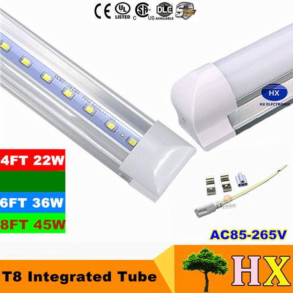 22W 2400 Lumen 45W 4800Lumens 4ft 8ft T8 Led Tubi Luce Integrata 1200mm SMD 2835 Led Tubi Fluorescenti Luci AC85-265V CE UL