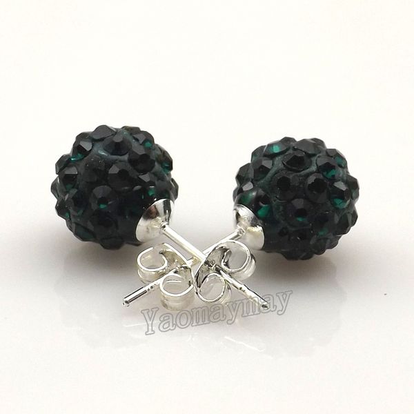 

10mm dark green disco balls rhinestone earring studs silver plated for new year promotion 20 pairs wholesale, Golden;silver