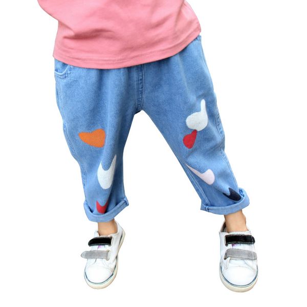 

2016 new ins autumn children jeans girls love heart printing pants kids blue harem pants trousers bady pencil pants toddler infants in stock