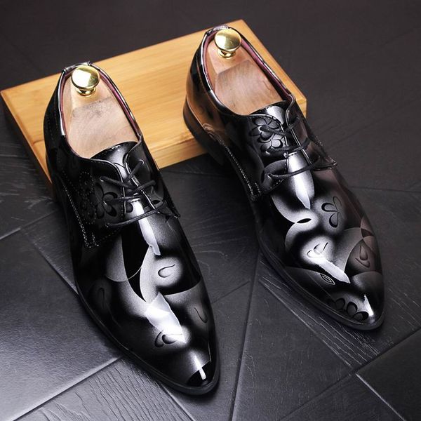 

new arrival luxury men blue dress shoes pointed toe lace up print patent leather shoes golden leisure wedding shoes for party 37-44, Black