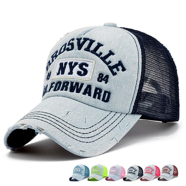 

wholesale-wholesale outdoor casual trucker hats women and men summer letter embroidery denim wash mesh baseball caps, Blue;gray