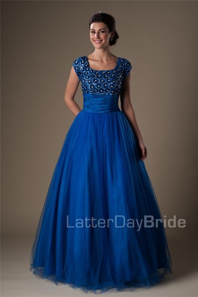 

Royal Blue бальное платье Скромные платья для выпускного вечера с короткими рукавами