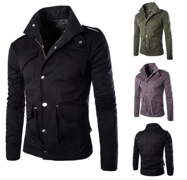 

more pockets jacket zipper single breasted drawstring waisted long sleeve stand collar solid color slim fit of man short jackets ship, Black;brown