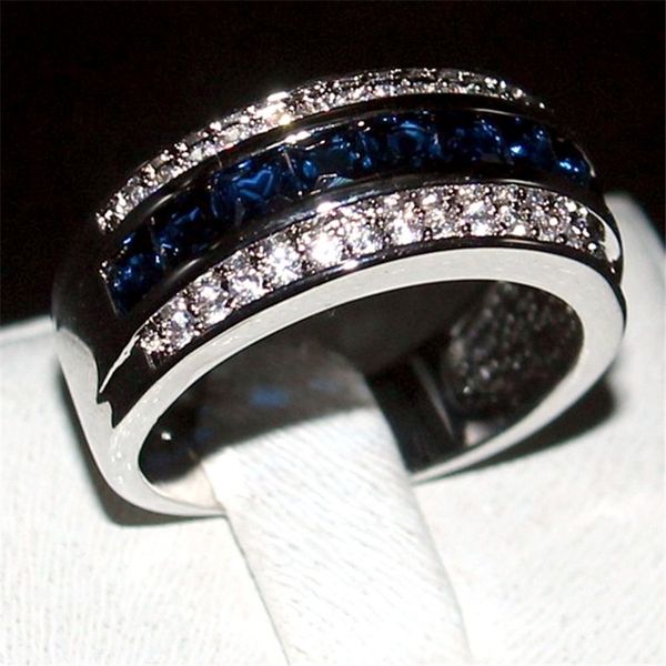 Luxo Princesa-corte Azul Sapphire Gemstone Anéis de Moda 10KT Ouro Branco cheio de Banda de Casamento de Jóias para Homens Mulheres Tamanho 8,9,10,11,12