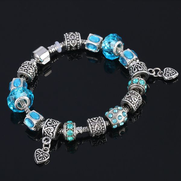 

women charms bracelets crystal glass beads heart to heart bracelet with diamonds european and american big hole natural stone jewelry, Black