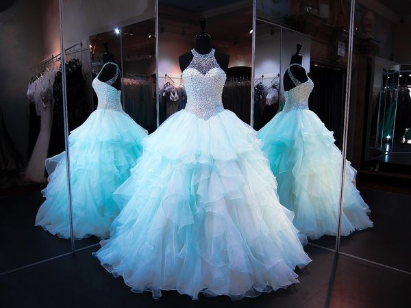 2022 Blue Ball платье QuinceAnera платья из бисера жемчуг корсет органза оборманы жемчужины шеи драгоценные шеи кружевные задние пухлые длинные выпускные 15 платьев