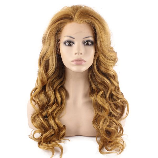 

long wavy blonde mix brown lace front synthetic hair wig natural, Black