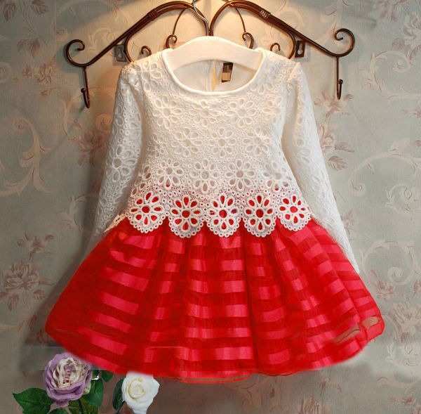 Roupa da criança Vestidos Da Menina Do Bebê Crianças Tutu Crochet Lace Vestido de Manga Longa Vestido de Princesa Meninas Roupas Outono Crianças Vestido para Menina 3-8A