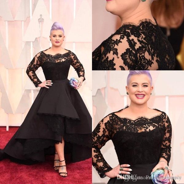 

sheer neck black celebrity dresses long sleeves illusion high low floor length evening red carpet dresses custom made formal dresses, Black;red