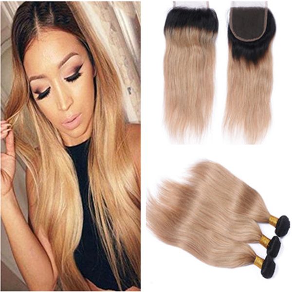 2019 Honey Blonde Ombre Indian Virgin Hair With Lace Closure Dark