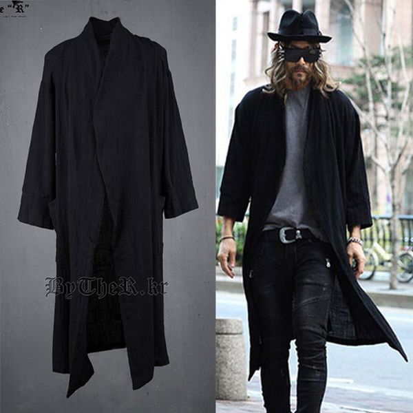 

fall-new avant-garde mens fashion draping shawl linen long cardigan cloak outwear coat for mens clothing, Tan;black