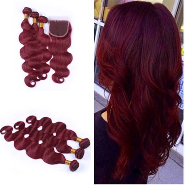 

new arrival body wave wine red #99j human hair bundles with lace closure burgundy hair weaves with lace closure pieces 4pcs/lot, Black