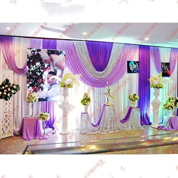 3 6 M Ice Silk White Color Wedding Backdrops Curtains With Purple