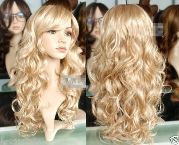 

100% brand new fashion picture full lace wigs>>new lady long wavy curly blonde party hair wig + a wig cap, Black