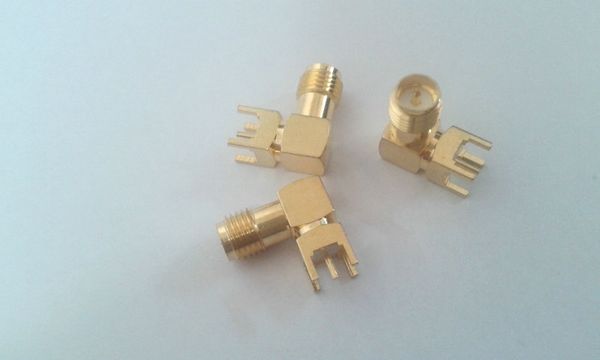 10 pcs ouro rp-sma fêmea plugue centro de solda de ângulo direito PCB montar adaptador RF