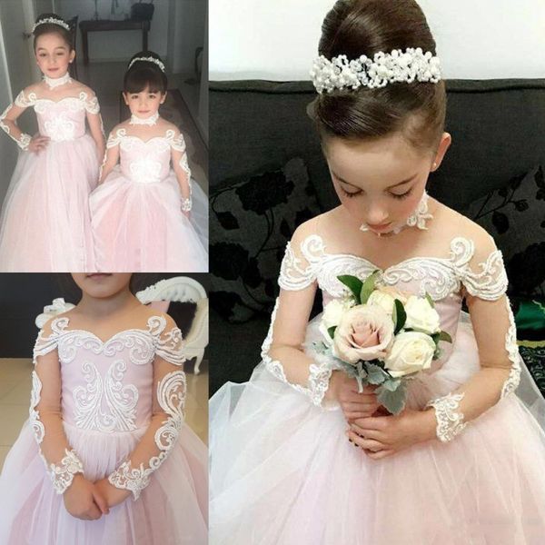 Hellrosa Ballkleid-Blumenmädchenkleider für die Hochzeit, Spitzenapplikationen, transparente lange Ärmel, Mädchen-Festzug-Kleider, Baby-Erstkommunion-Kleid