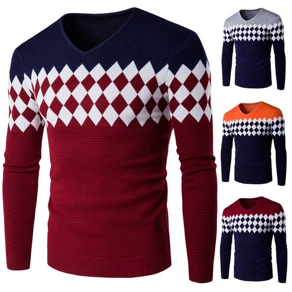 

New Male Brand Sweaters Winter Autum Stylish Diamond Lattice Knitted Men Long Sleeve Sweater Men V-Neck Sweater Mens Sweaters Pullover M-2XL