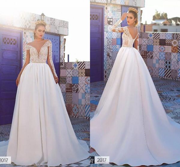 

2018 sheer neck long sleeves a line satin wedding dresses lace illusion back bridal gowns custom made wedding gowns vintage, White