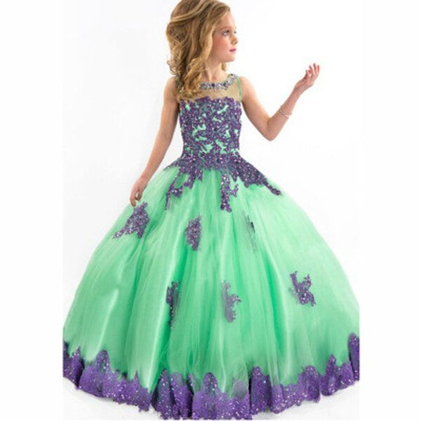 2016 heißer Verkauf Frühling Blumenmädchen Prinzessin Tutu Ärmellose Hochzeit Spitzenkleid Edle Mit Reißverschluss Perspektive Kragen Diamant