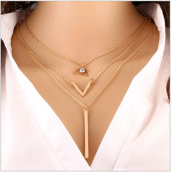 

fashion choker statement chain necklace multi layers european american trends collar bone gold triangle long strip pendants for women, Golden;silver