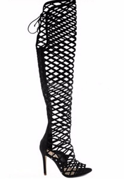 

designer shoes 2018 new fashion shoes gladiator peep toes cut outs high heels summer boots lace up stiletto heel women shoes long sandals, Black