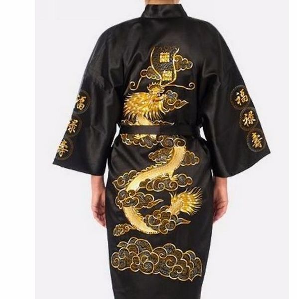 

wholesale-plus size chinese men embroidery dragon robes traditional male sleepwear nightwear kimono with bandage silk satin for women men, Black;red