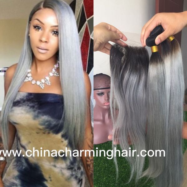 Silk Straight Grey Hair Weave With Closure Grey Ombre Hair
