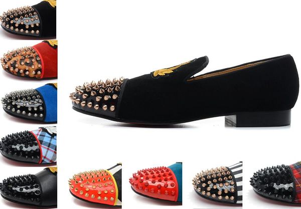 

2016 luxury red bottom loafers with spikes embroidery for men women designer flat loafer lovers shoes leisure trainers party shoes, Black