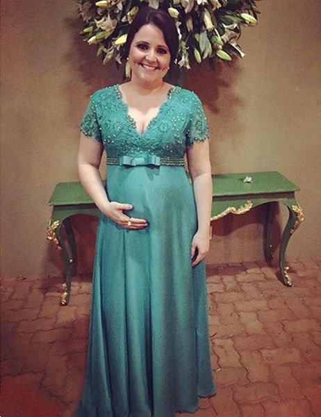 

новый элегантный империи материнства вечерние платья с коротким рукавом v-образным вырезом из бисера кружева шифон длиной до пола, беременны, Black;red