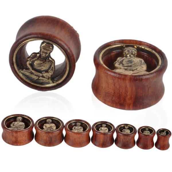 

wholesale-1pair 8-20mm wood buddha double flared flesh tunnel ear plugs gauges fashion body jewelry wholesale ing, Slivery;golden