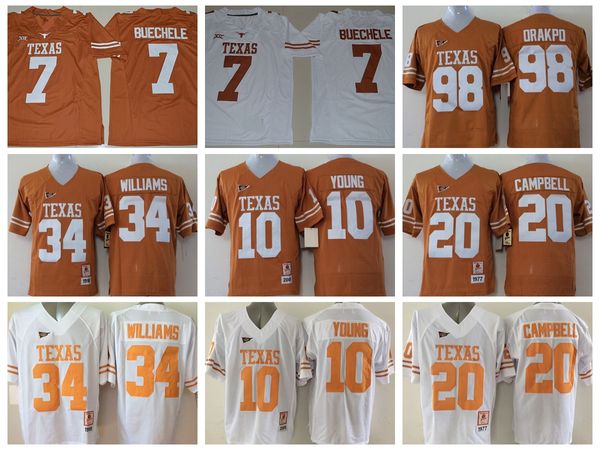 Texas Longhorns 7 Shane Buechele College-Football-Trikots 10 Vince Young 34 Ricky Williams 20 Earl Campbell 98 Brian Orakpo Colt McCoy
