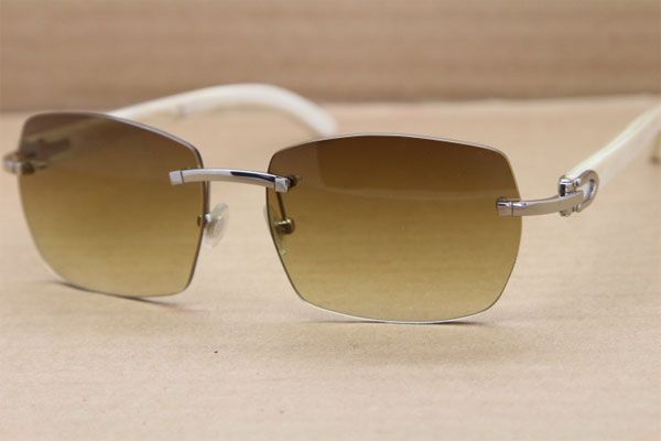 

wholesale-rimless t8100905 sunglasses white buffalo genuine horn sun glasses men or women size:56-18-140mm gold brown or silver brown, White;black