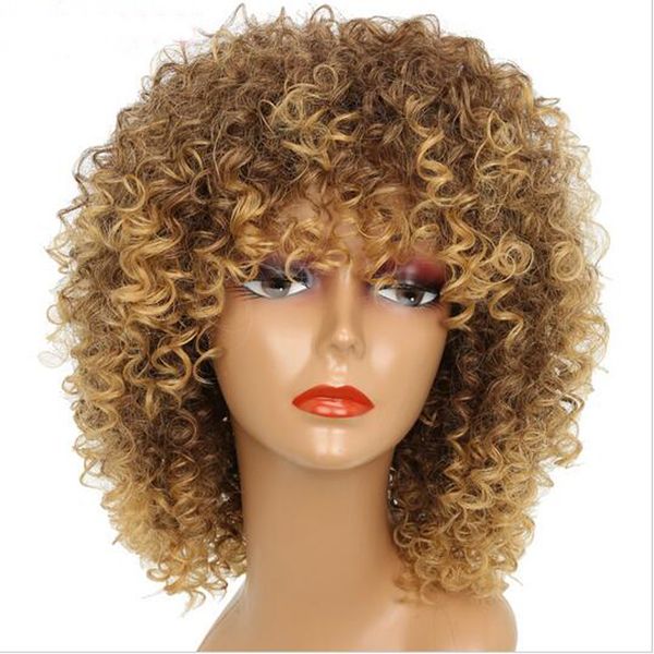 

16inches long afro kinky curly wigs for women blonde mixed brown synthetic short wigs african hairstyle, Black