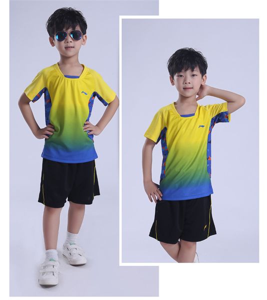 

lining children badminton suits,kids competition training suits,table tennis suits,summer leisure sports competition shirts shorts xs-3xl, White;yellow