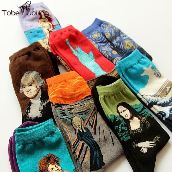 Wholesale-Women Men Unisex Art Painting Cotton Crew Socks Funny Novelty Starry Night Vintage Retro Long 2016 Fashion Ankle Sock 20 Styles