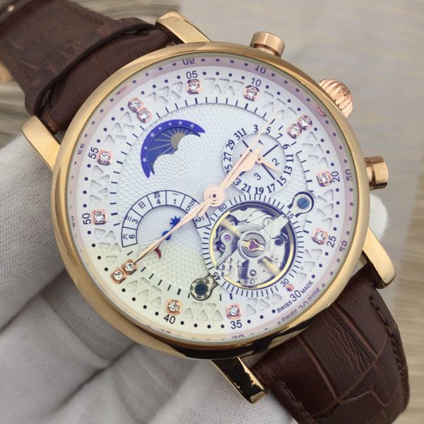 

Swiss Top Brand Luxury Watch Natural Leather Tourbillon Watch Automatic Mechanical Wristwatch Moon Phase Watches 18K Complete Calendar Clock
