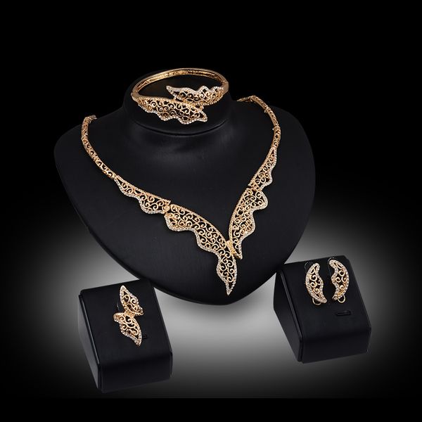 

bangles necklaces rings earrings jewelry sets luxury royal rhinestone 18k gold plated hollow out leaves party jewelry 4-piece set js053, Slivery;golden