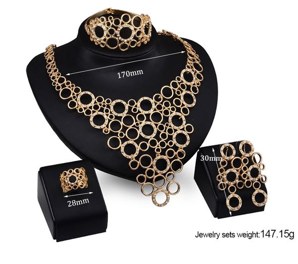 

necklaces earrings bangles rings sets fashion women rhinestone 18k gold plated geometric circles 4-piece set party jewelry, Silver